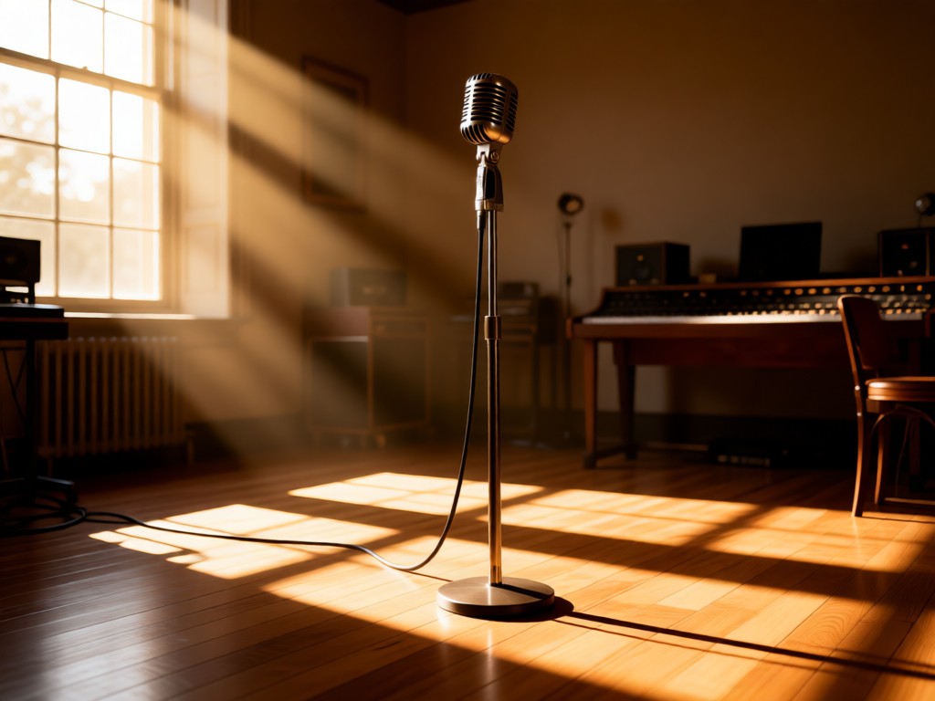 An antique microphone standing tall in a sunlit studio space. Warm light creates long shadows on wooden flooring. Symbolizes authoritative voice and presence. No people in frame.