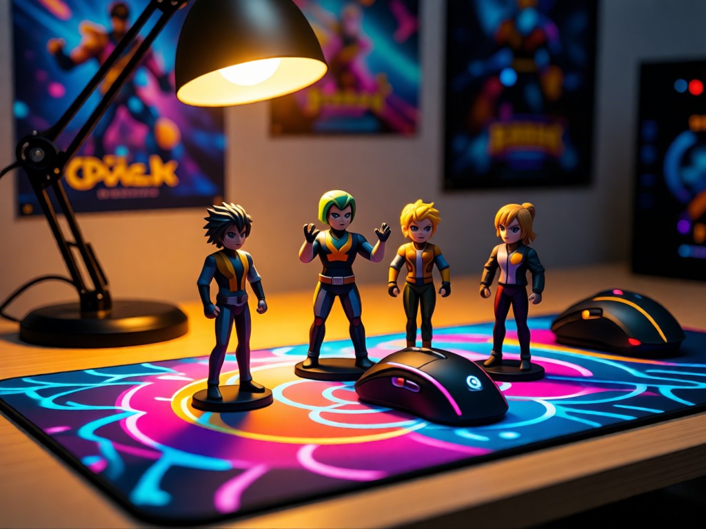A vibrant gaming mousepad with collectible figurines under warm desk lamp light. Background features blurred game posters. Focus on gaming culture objects. No people.