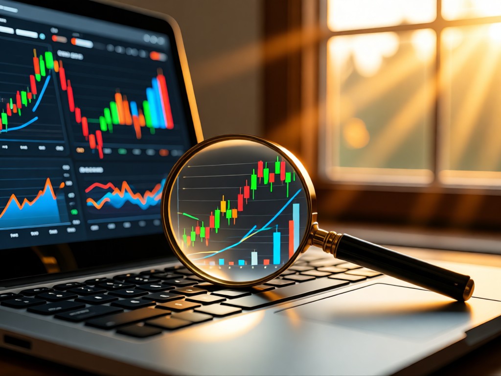 A magnifying glass resting on a laptop keyboard showing rising analytics charts. Warm sunlight streams through a nearby window. No people.