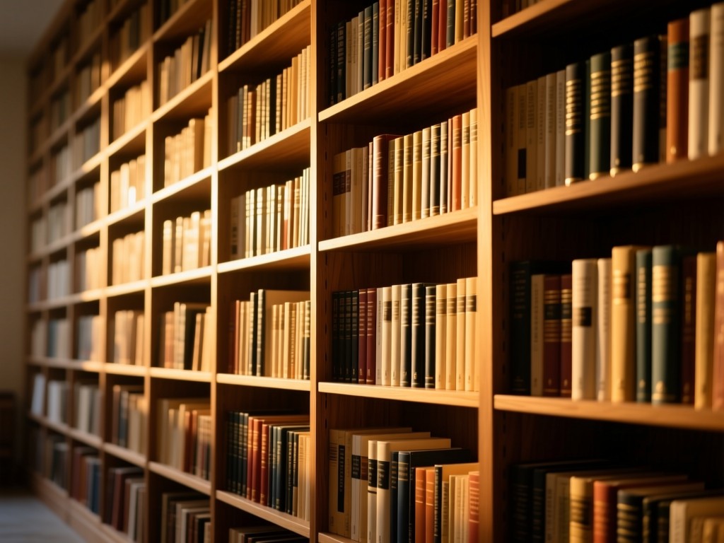 A towering bookshelf bathed in golden hour light, diverse spines representing cultural depth, soft shadows between volumes, warm wood tones, minimalist composition symbolizing organized knowledge, no people.