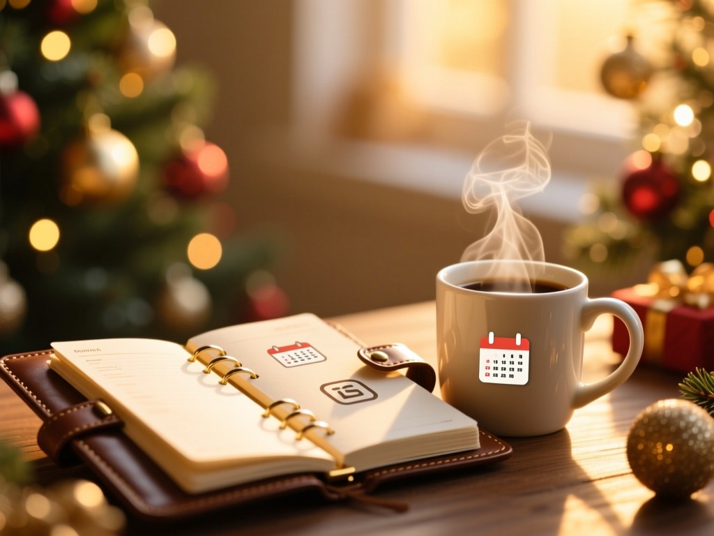 An open leather-bound planner beside steaming coffee mug during golden hour, sunlight illuminating calendar icons, soft bokeh background with holiday decorations, warm tones, no people.
