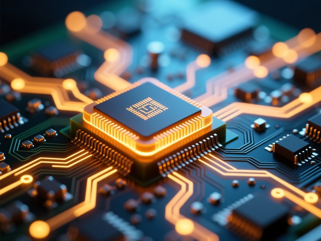 A single glowing microchip on a circuit board during golden hour, radiating light connections symbolizing digital networks, warm amber tones against cool blues, shallow depth of field, no text.