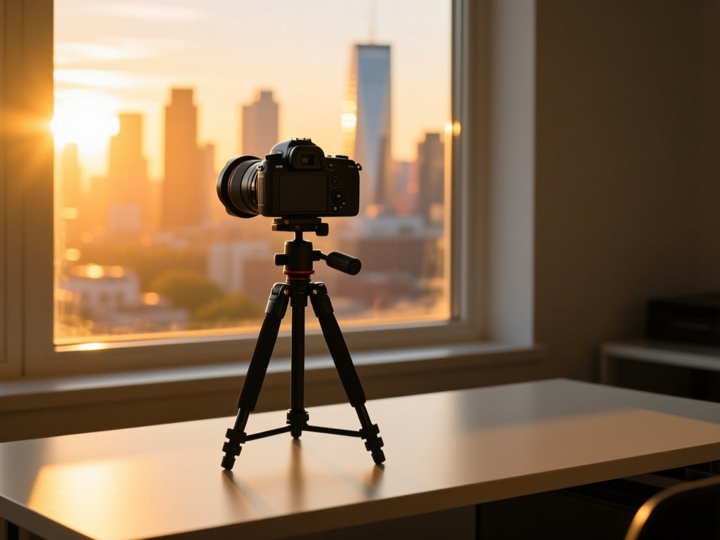 A sleek camera on a tripod during golden hour, facing a sunlit window showing a vibrant cityscape, soft shadows on a minimalist desk, shallow depth of field, warm natural lighting, no people visible.