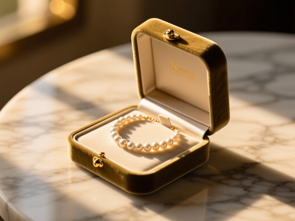 A velvet jewelry box open on a marble surface at golden hour, displaying a single pearl necklace against soft shadows, warm sunlight highlighting textures, shallow depth of field, minimalist luxury aesthetic.