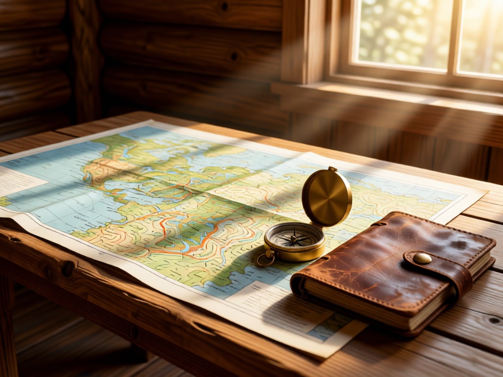 An open topographic map spread across a wooden cabin table, with a compass and worn leather journal beside it. Morning light streams through a nearby window. Focus on exploration tools. No people.