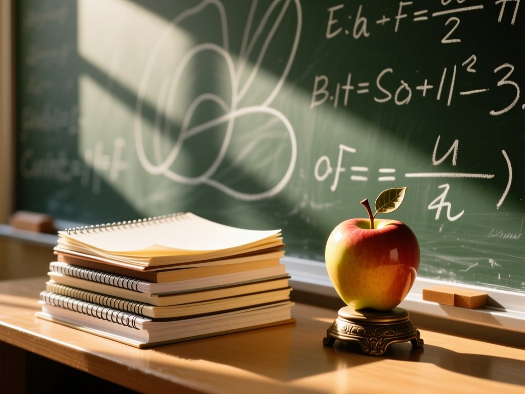 Chalkboard with abstract equations beside a curated stack of lecture notes. Sunbeam hits a vintage apple paperweight. Warm academic ambiance. No people.