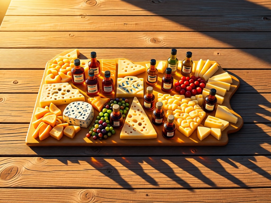 Aerial view of Pennsylvania-shaped charcuterie board featuring local cheeses and miniature liquor bottles. Golden hour lighting creates long shadows on rustic table. Symbolizes local focus and curated offerings. No people.