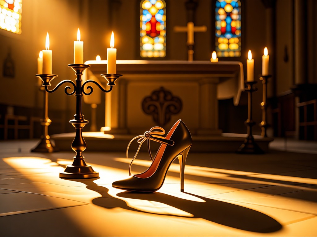 A single high-heeled Quince shoe beside a candlelit altar arrangement. Golden hour backlight creates long shadows. Symbolizes tradition and personal journey. No people.