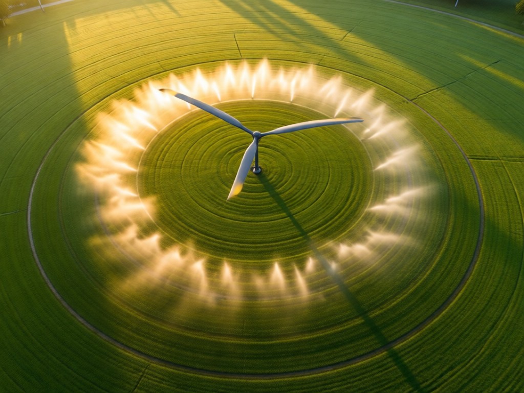 Aerial view of a single rainbird rotor sprinkler in the center of a perfectly circular green lawn. Early morning mist rises around it, symbolizing precision and impact. Golden light, no people.