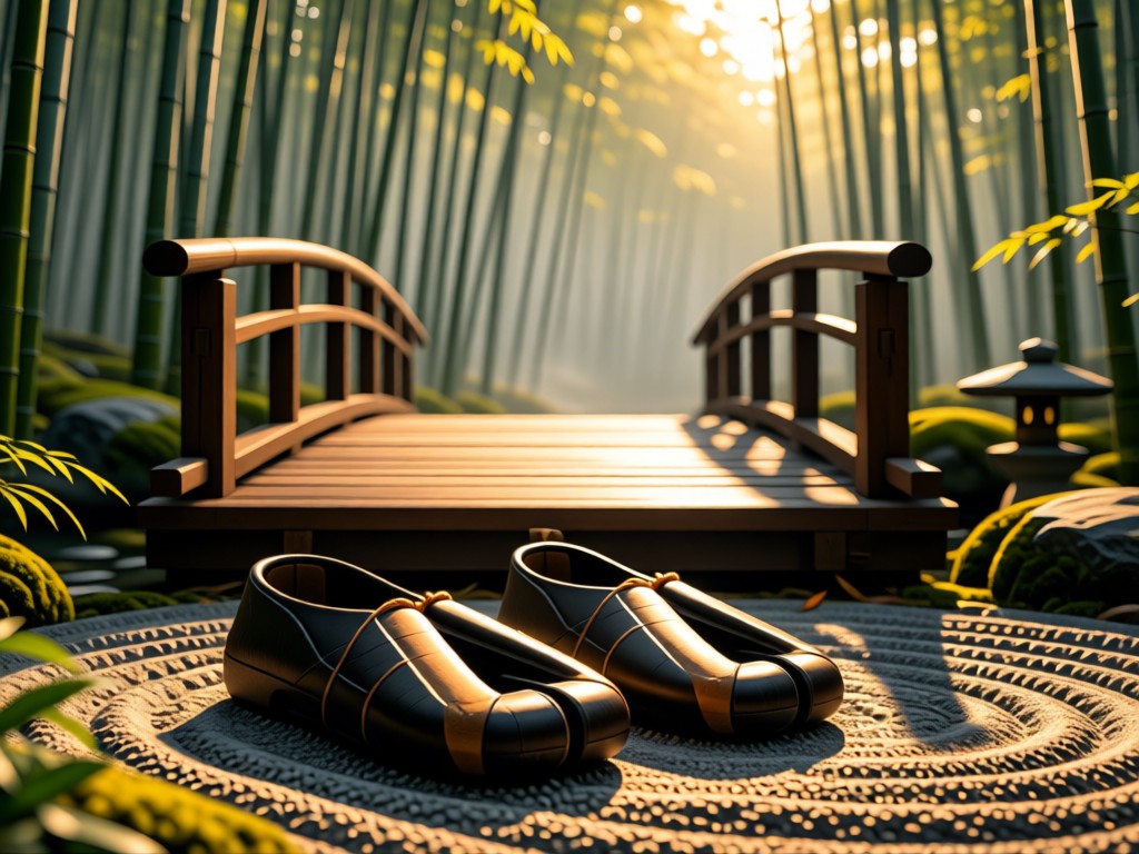 Traditional ninja tabi boots placed before a wooden footbridge in a zen garden. Morning mist softens the background bamboo forest. Golden light emphasizes texture. No people.