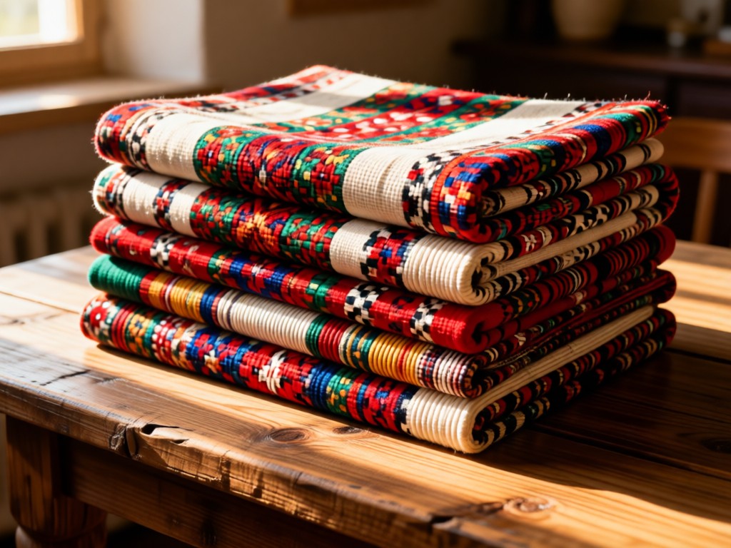 A neatly folded stack of richly textured fabrics in traditional Polish patterns. Morning light illuminates the threads on a rustic wooden table. No people.