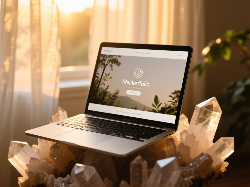 A laptop open on a quartz crystal cluster during golden hour, screen showing a minimalist healing portfolio with nature imagery, soft sunlight filtering through gauzy curtains, shallow depth of field, warm tones, no people.