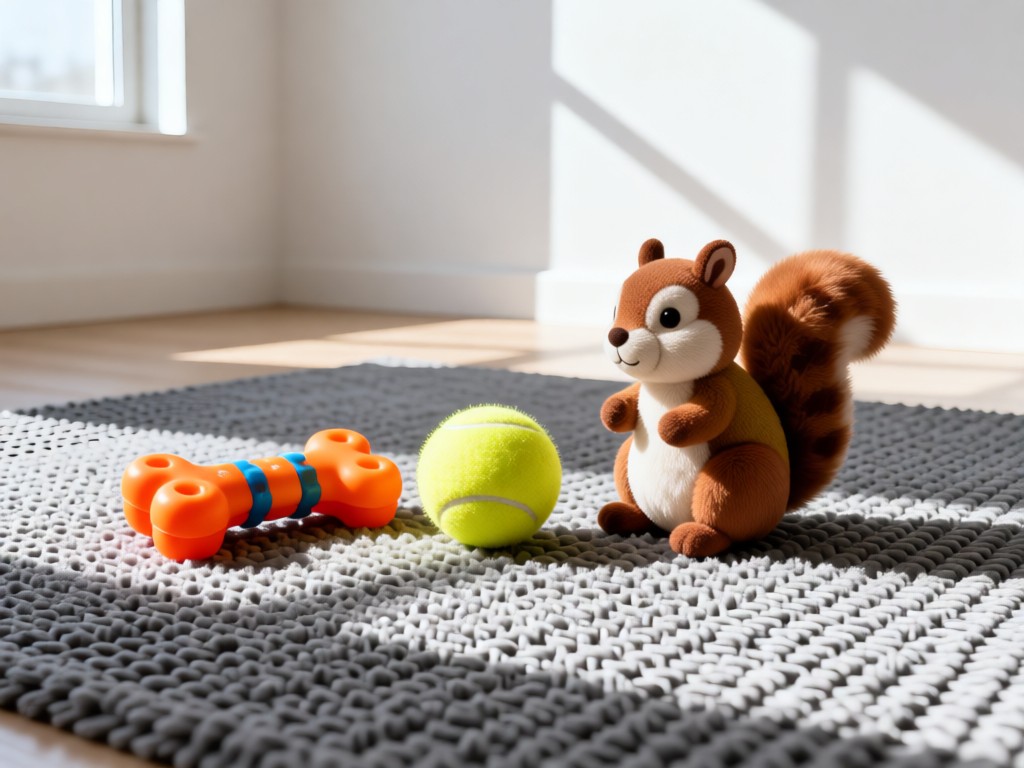 A playful arrangement of pet toys - rubber bone, tennis ball, and plush squirrel - on a textured gray rug. Soft window light creates gentle shadows. Clean, minimalist background. No people or pets.