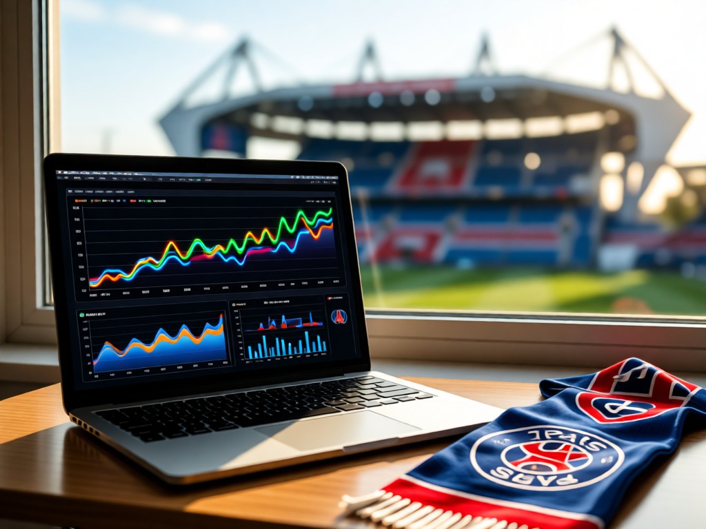 A laptop showing analytics graphs beside a PSG scarf. Sunlight highlights data curves on the screen. Soft focus on stadium architecture outside. No people.