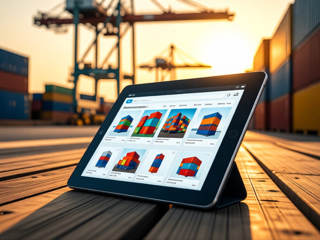 A tablet displaying a wholesale product page on a sun-drenched shipping dock. Screen shows crisp inventory images. Industrial elements blurred behind. Golden hour clarity.
