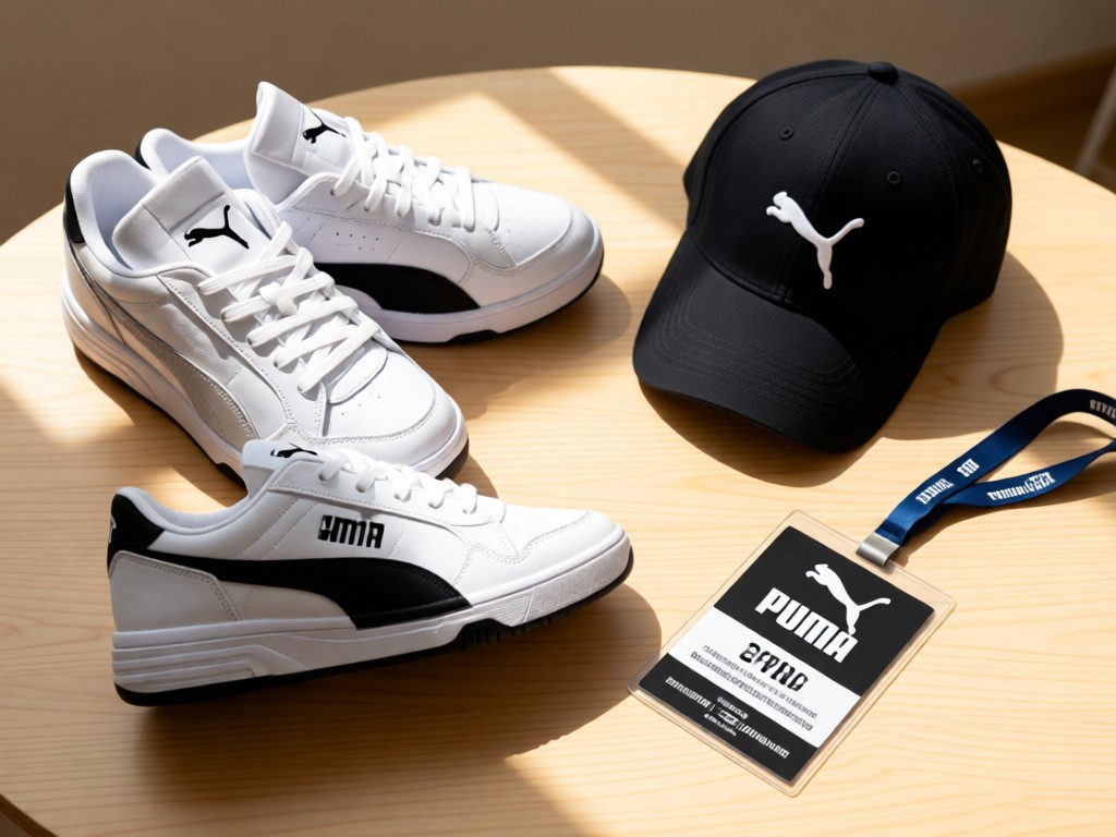 A curated arrangement of Puma-branded merchandise on a light wood surface: clean sneakers, a cap, and event pass. Soft sunlight highlights textures. No people.