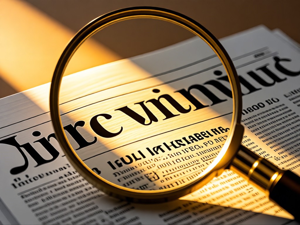 A magnifying glass focusing on a printed newspaper headline. Golden light streams across the paper texture. Simple background with natural tones. No people.