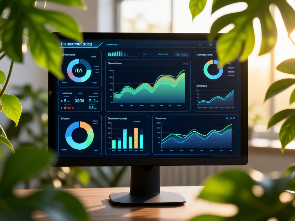 Digital dashboard showing real-time production analytics on a matte-screen monitor. Plant leaves frame the screen in soft bokeh. Morning light atmosphere.