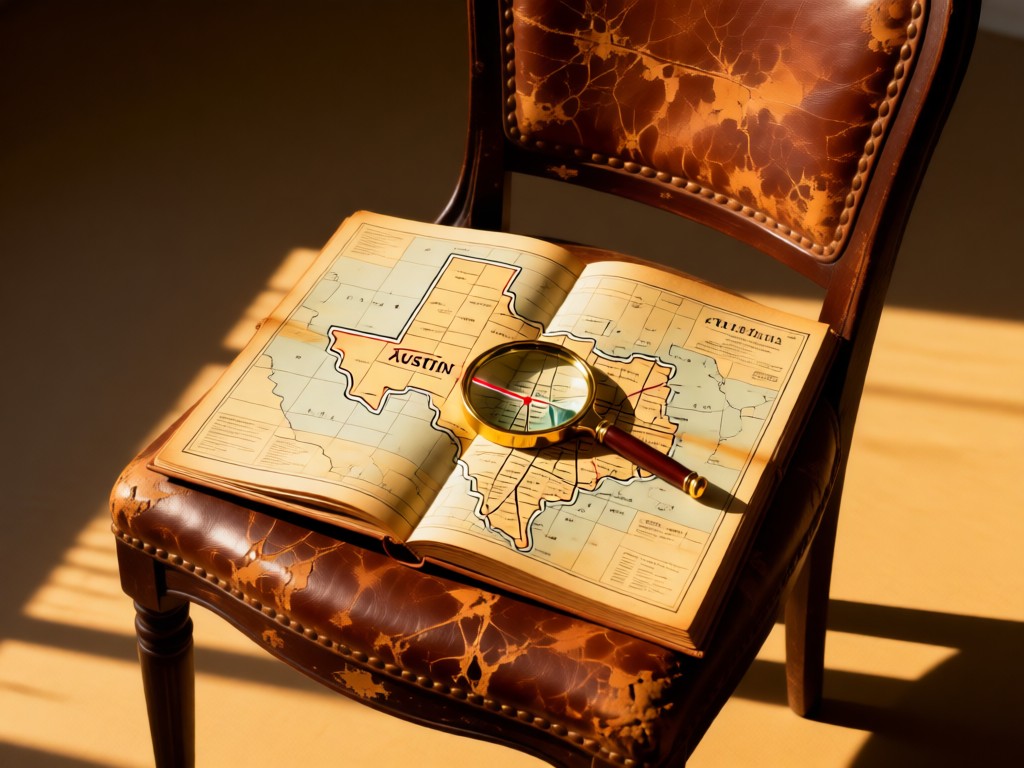 A vintage Texas roadmap open on a distressed leather chair, with a magnifying glass highlighting the Austin area. Warm golden hour lighting creates long shadows. Minimal background.
