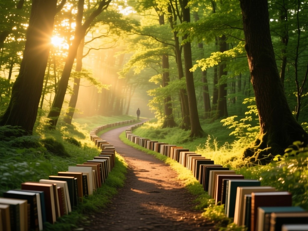 A winding path through a sunlit forest with books lining the trail, golden hour lighting filtering through trees, vibrant greens, symbolic of discovery, no people.