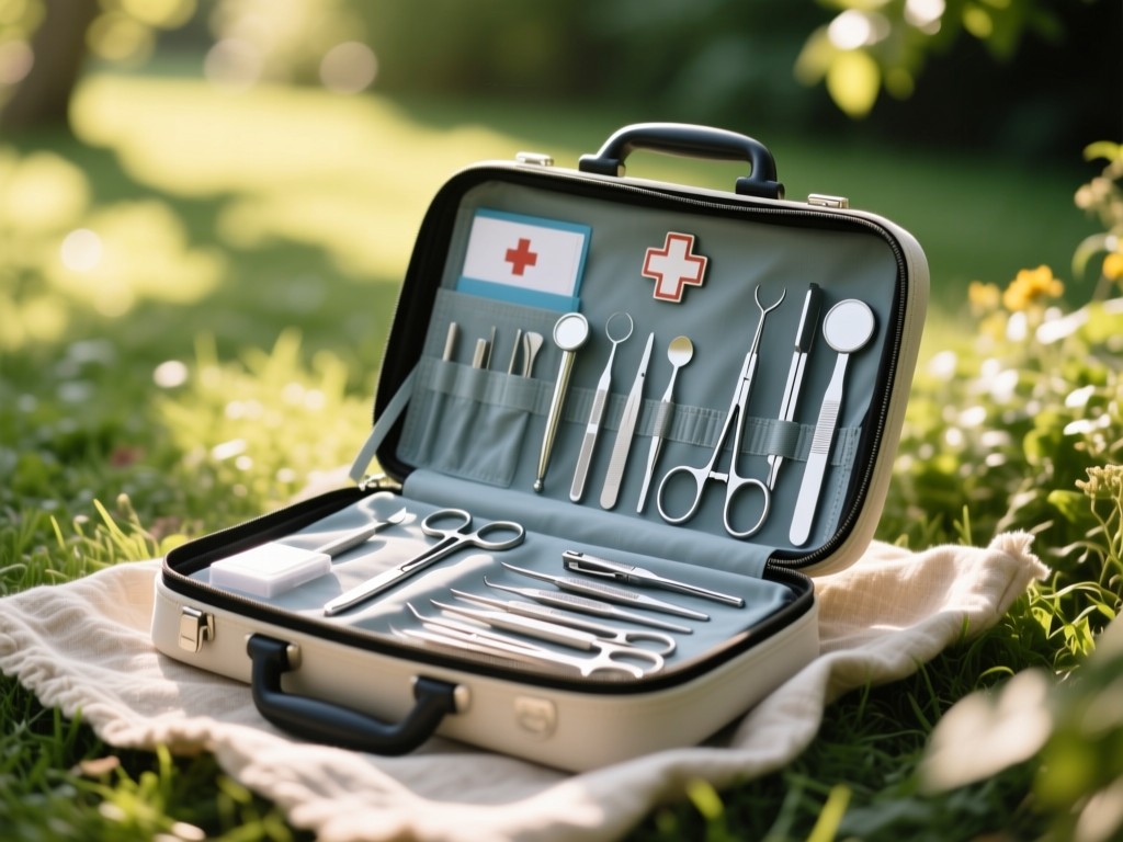 An open doctor's bag with precision instruments arranged neatly on a linen cloth in a sunlit garden. Symbolizes readiness and professional organization. Soft focus background with dappled light. No people.