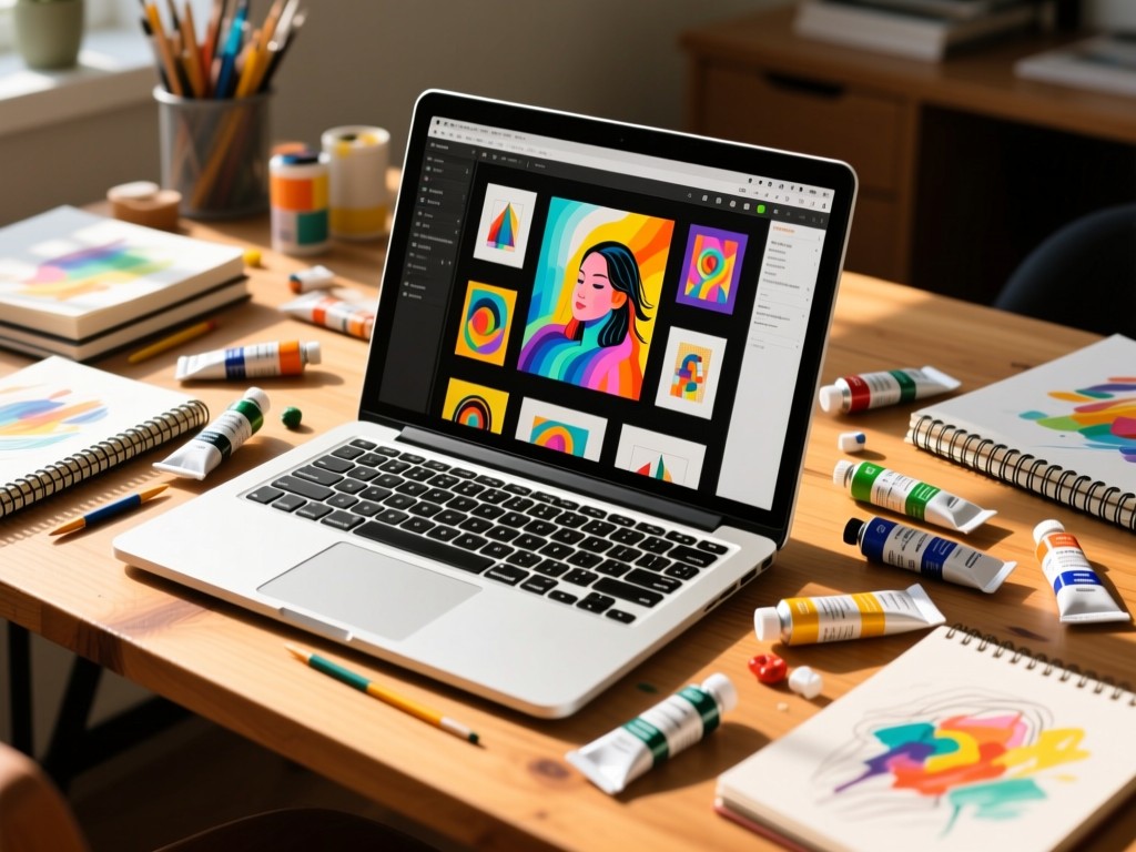 An open laptop showing a vibrant digital art gallery, surrounded by scattered paint tubes and sketchbooks on a sunlit wooden desk. No people.