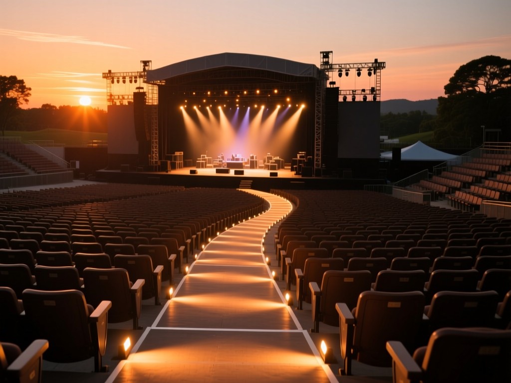 A winding stage path illuminated by sunset spotlights, leading to a distant concert stage, warm glow on empty seats, symbolic of audience growth, no people.