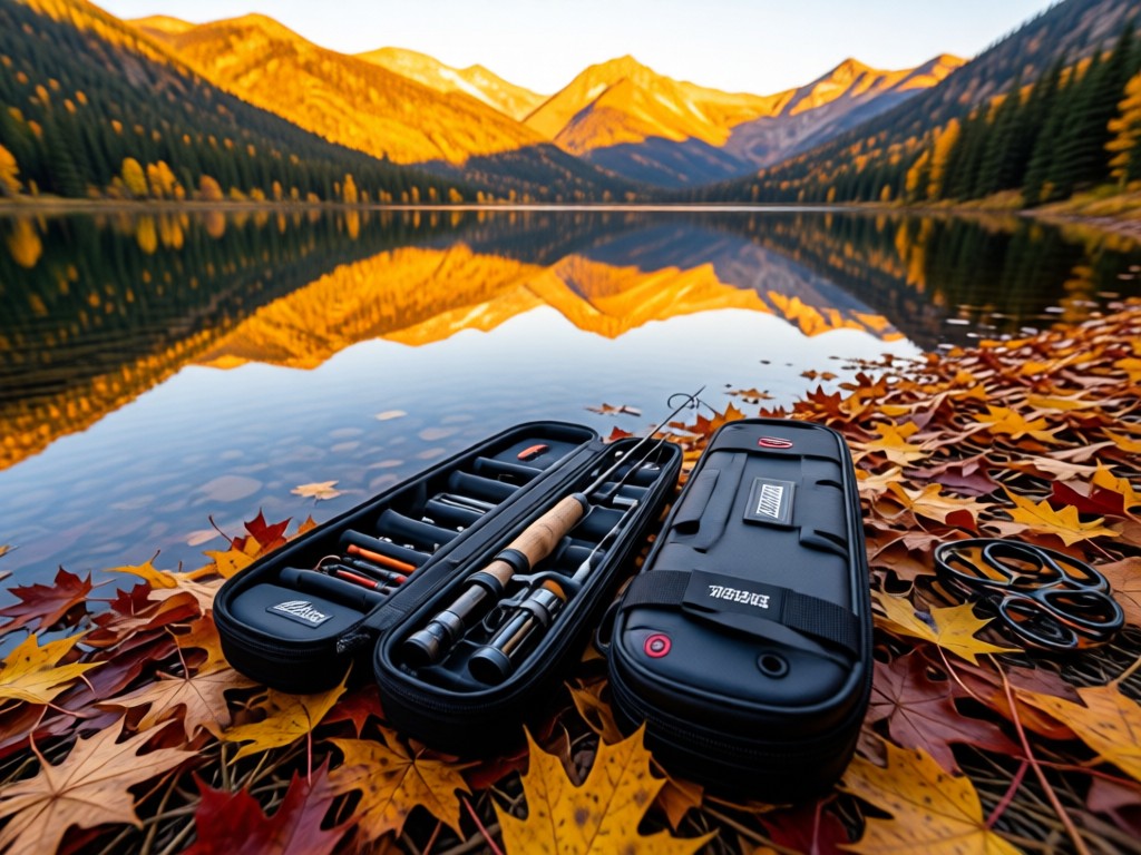 Aerial view of a single fly rod case resting on autumn leaves beside a mountain lake. Golden hour reflections on water. Symbolizes focus and essential tools.