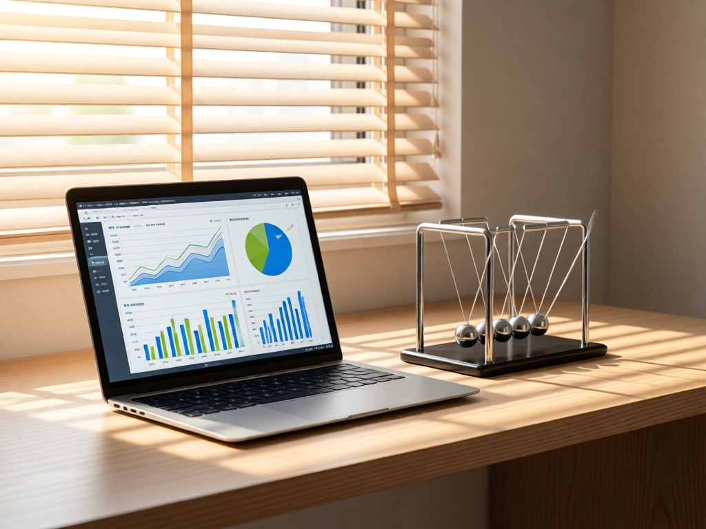 Minimalist desk with an open laptop showing clean analytics charts. Beside it, a Newton's cradle sits in motion. Soft afternoon sun through blinds. No people.