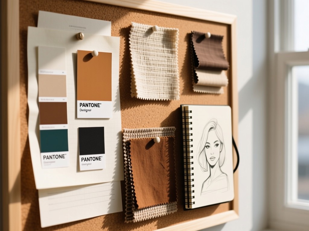 Close-up of a designer moodboard with Pantone chips, fabric samples and sketchbook. Natural light from a window illuminates textured papers on a corkboard. No people.