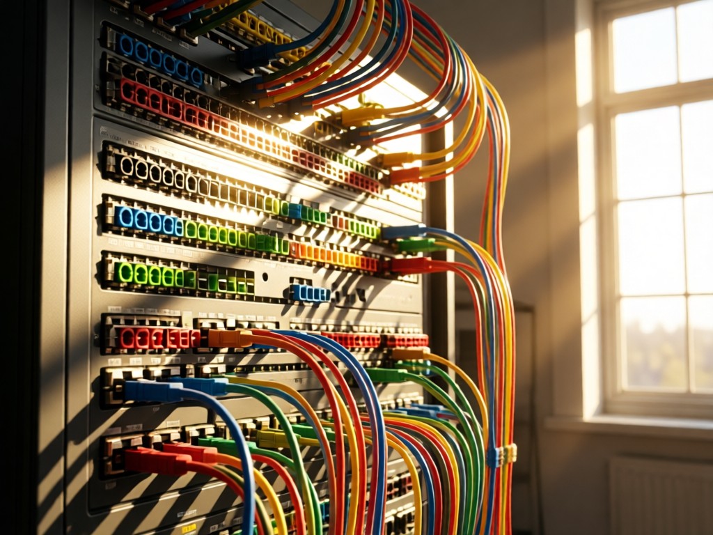 A close-up of a modular patch panel with color-coded ports. Clean cables connect in geometric patterns. Warm sunlight streams across the metal surface from a high window.