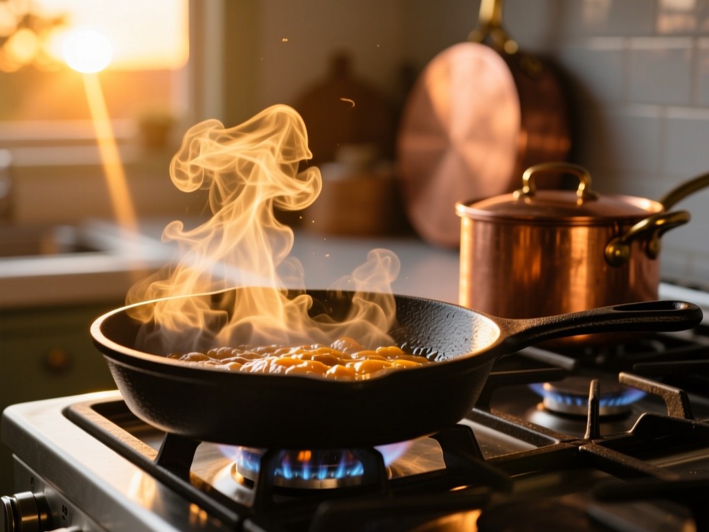 A cast-iron skillet sizzling on a stove at sunset, steam rising through golden light rays, copper pots in soft background blur, warm kitchen ambiance, no text.