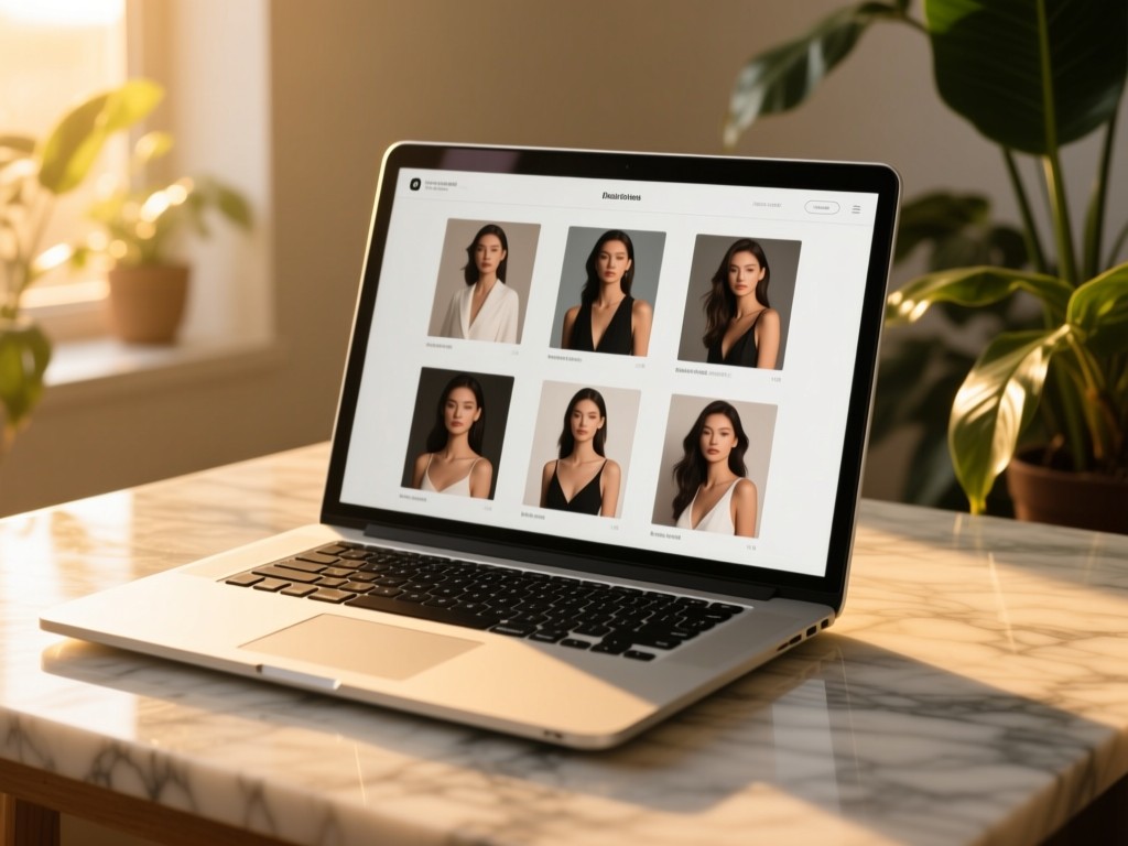 A modern laptop on a marble surface during golden hour, screen showing a sleek portfolio grid of model photos, soft sunlight filtering through nearby plants, minimalist composition, no visible text.