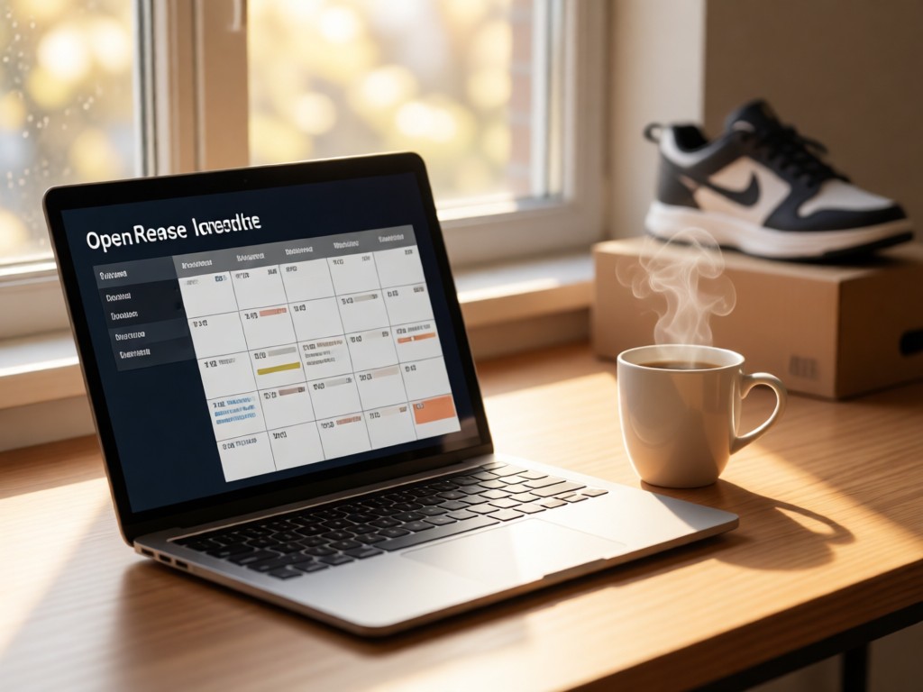 Open laptop showing release calendar beside coffee cup. Morning light through window illuminates keyboard and steam. Blurry sneaker box in background. Warm minimalism.