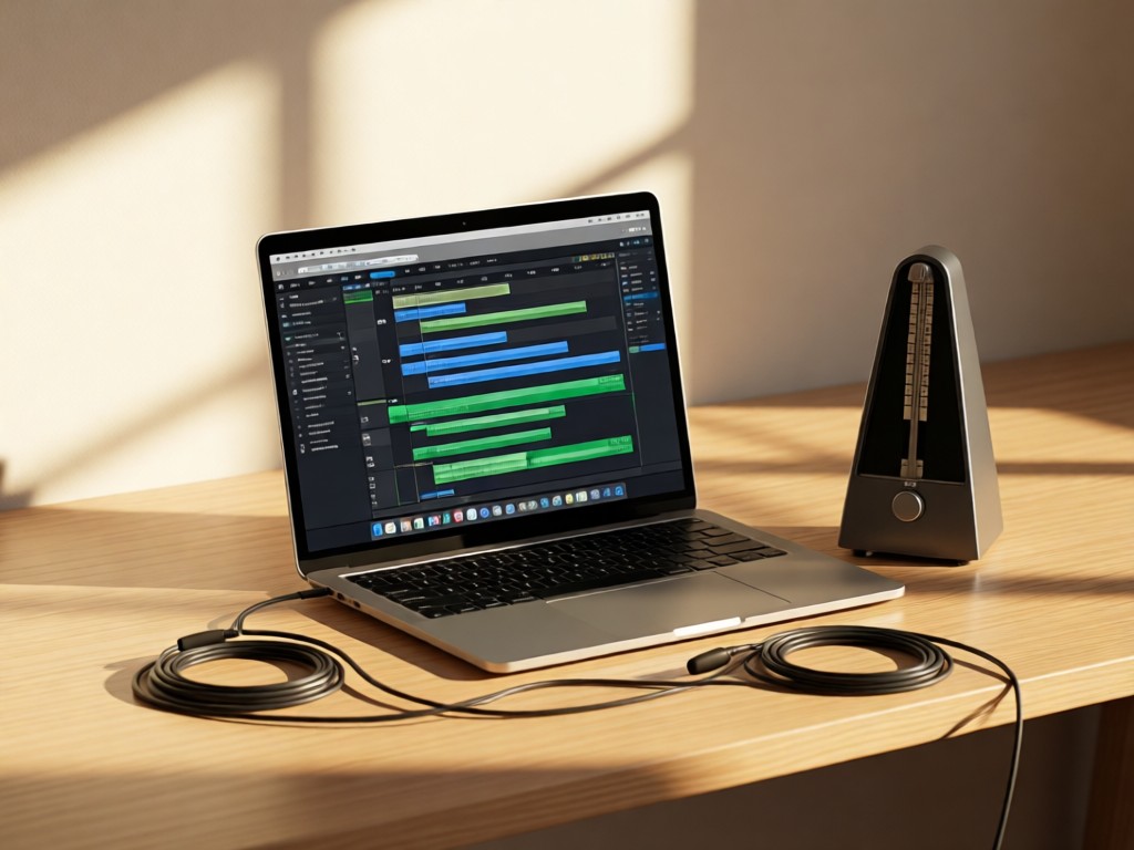 Minimalist desk with open laptop showing a video timeline interface. A metronome and coiled audio cable beside it, bathed in afternoon sun. Focus on clean tech and movement tools. No people.