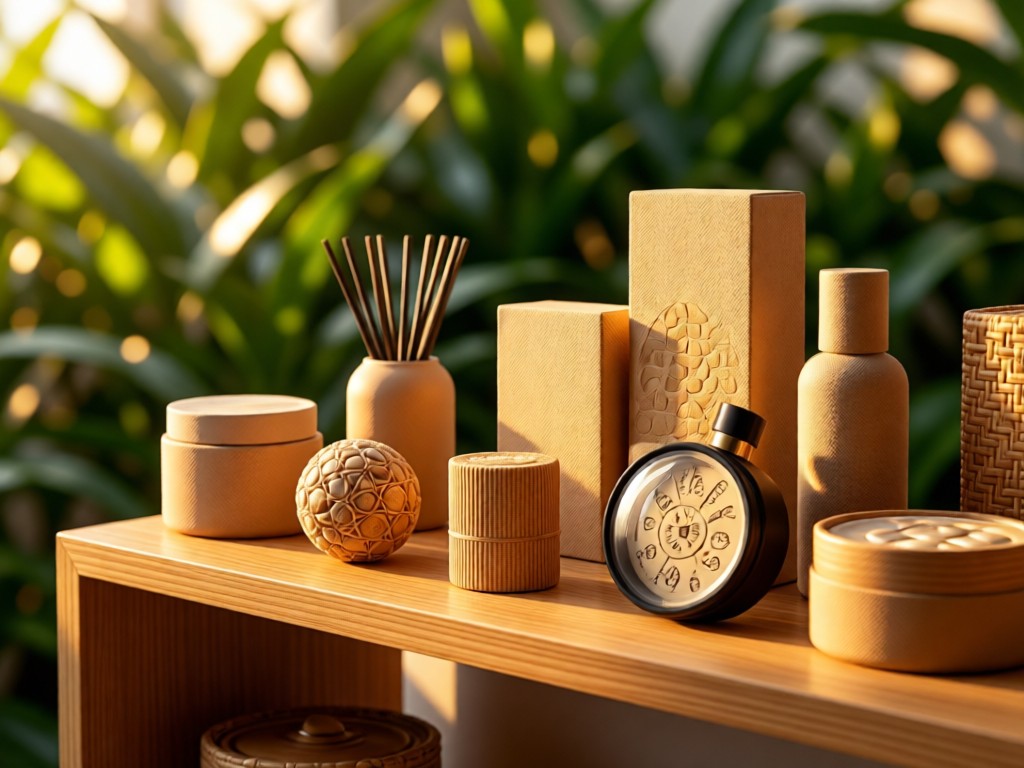 A curated arrangement of popular e-commerce products on a wooden shelf. Soft golden hour lighting highlights textures. Blurred greenery in background. No people.