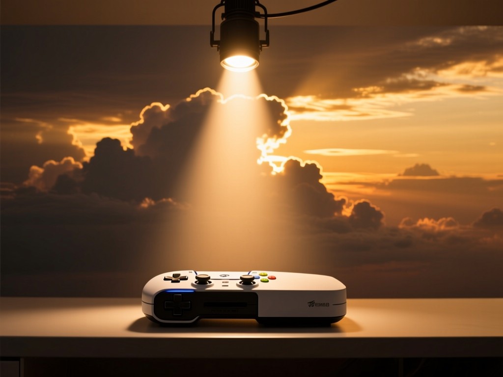 A single powerful spotlight breaking through clouds during golden hour, illuminating a gaming console below, symbolic of discovery and recognition, warm atmospheric glow, minimalist composition.