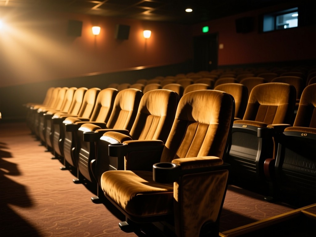 An empty movie theater aisle during golden hour, spotlight shining on a single velvet seat, warm glow, dramatic shadows, cinematic atmosphere.