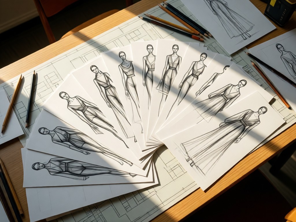 Aerial shot of fashion sketches fanned artfully on a drafting table with sunlight highlighting pencil textures. The composition suggests creativity and visibility. No people.