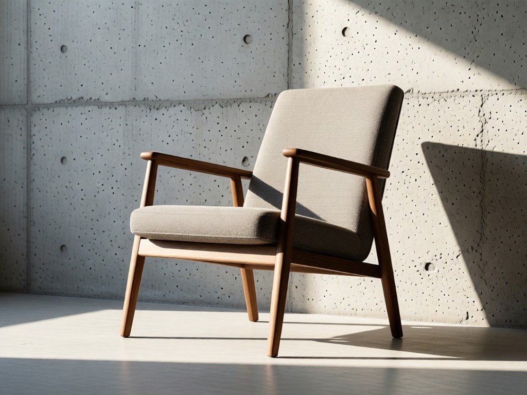 An angled shot of a designer chair against a textured concrete wall. Morning light emphasizes fabric texture and frame contours. Clean negative space surrounds the piece. No people.