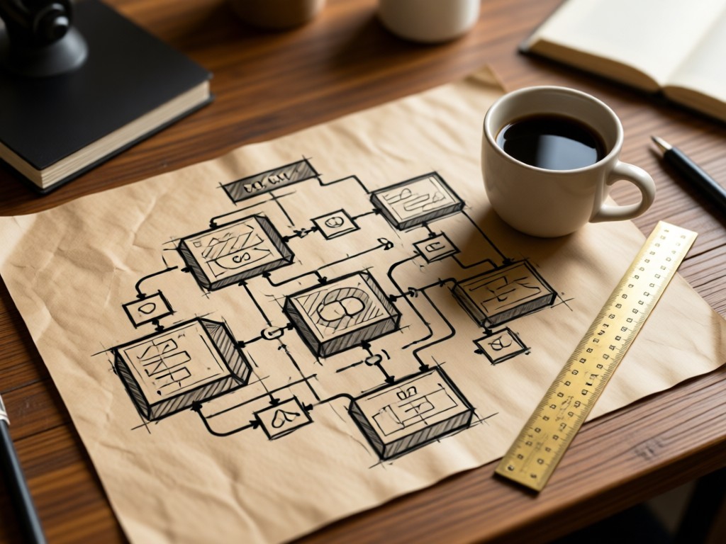 Overhead shot of a conceptual roadmap diagram drawn on kraft paper with charcoal pencils. Coffee mug and brass ruler beside it. Soft focus on surrounding workspace.