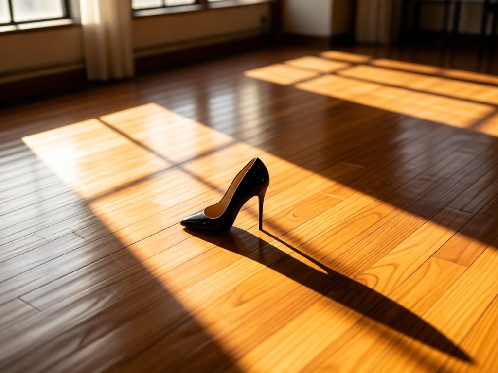 Aerial view of a single elegant high-heel on polished wood floor in sunlit loft. Symbolizes focus and essential style. Golden hour light creates long, soft shadows. No people.