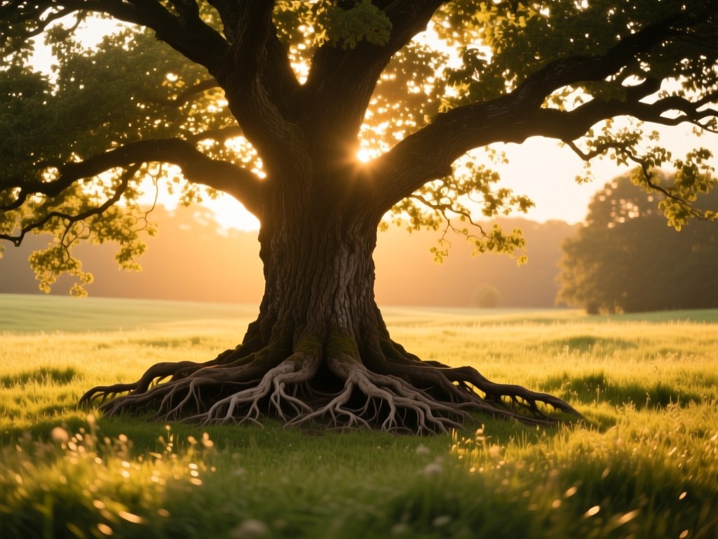 A sturdy oak tree with wide branches in a sun-dappled meadow during golden hour, roots extending deep, symbolizing family growth and stability, warm natural palette.