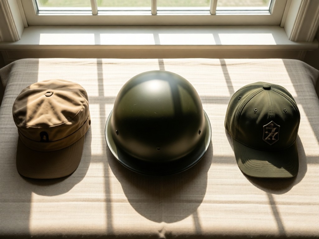 Overhead view of three distinct USMC hats arranged chronologically. WW2 cover, Vietnam helmet, modern patrol cap. Soft shadows on linen. Natural light from window. No people.