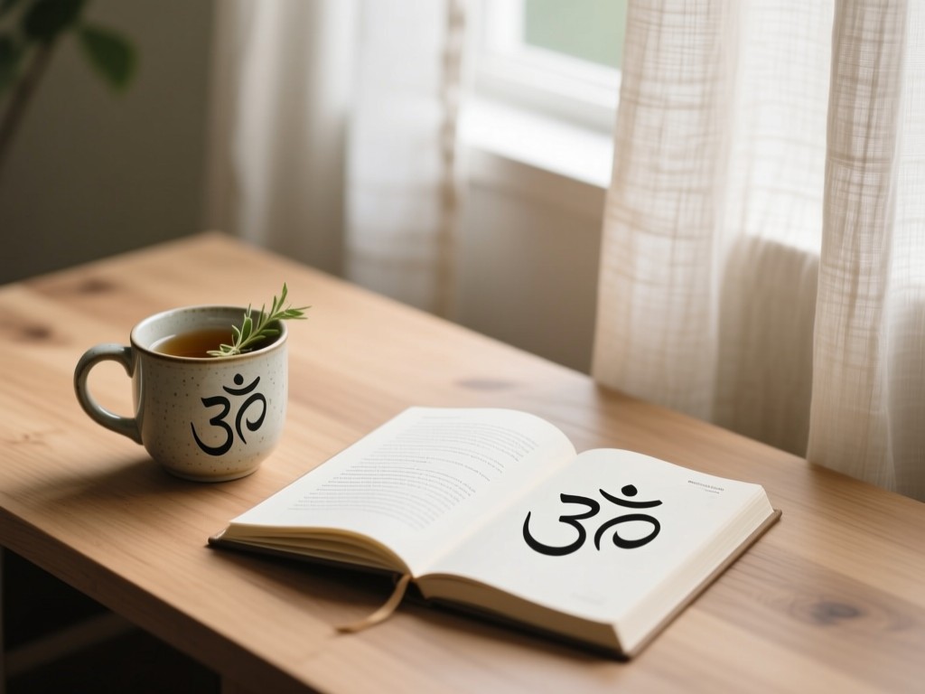 A minimalist desk with a ceramic mug of herbal tea beside an open wellness journal. Soft focus on handwritten Sanskrit symbols. Natural light filters through linen curtains onto wood surfaces. Calm, uncluttered composition.