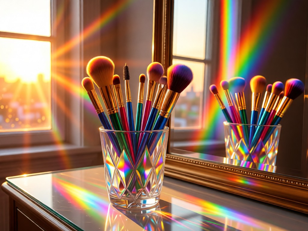 A colorful array of makeup brushes standing in a crystal glass. Sunset light streams through window, creating rainbow reflections on a vanity mirror. No people.