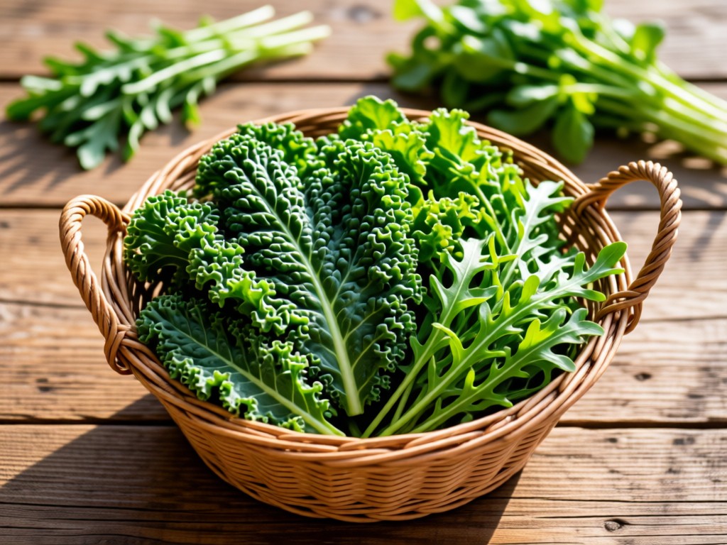 Overhead shot of a woven basket filled with mixed organic greens on a reclaimed wood surface. Natural light highlights textures of kale and arugula. Soft focus on herb sprigs in background. No people.