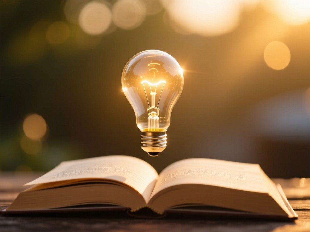 A single illuminated lightbulb floating above open books during golden hour, casting warm glow on pages, symbolizing enlightenment and learning, soft bokeh background, no people.