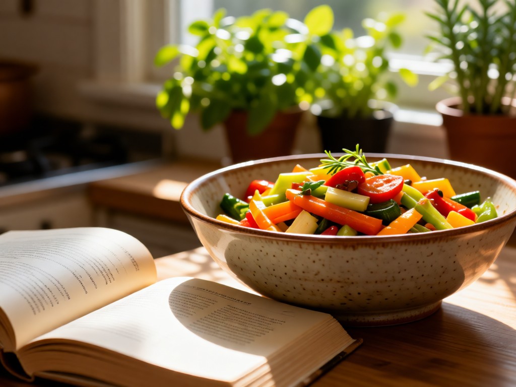 Close-up of open recipe book beside a ceramic bowl of colorful vegetables. Sunlight highlights food textures. Soft focus background shows kitchen herbs. Warm, inviting tones. No people.