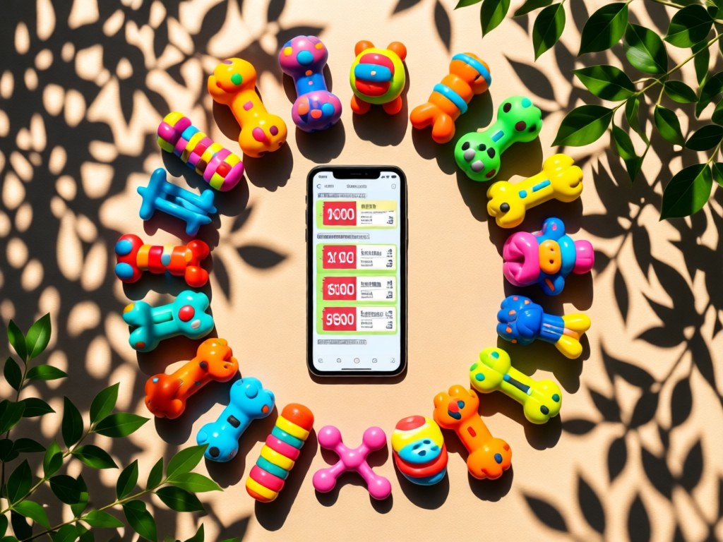 An aerial shot of colorful pet toys forming a circle around a central smartphone showing coupon codes. Dappled sunlight through leaves. Symbolizes organization and accessibility. No people.
